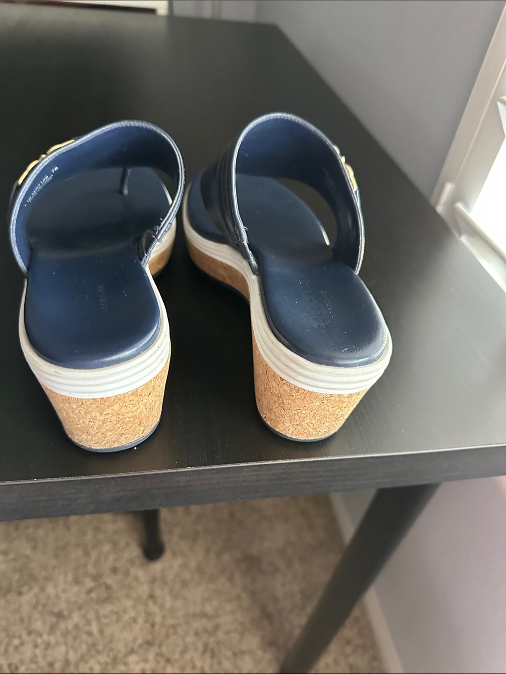 Cole Haan blue leather sandals with gold logo accent and cork souls, size 7 - Picture 4 of 7